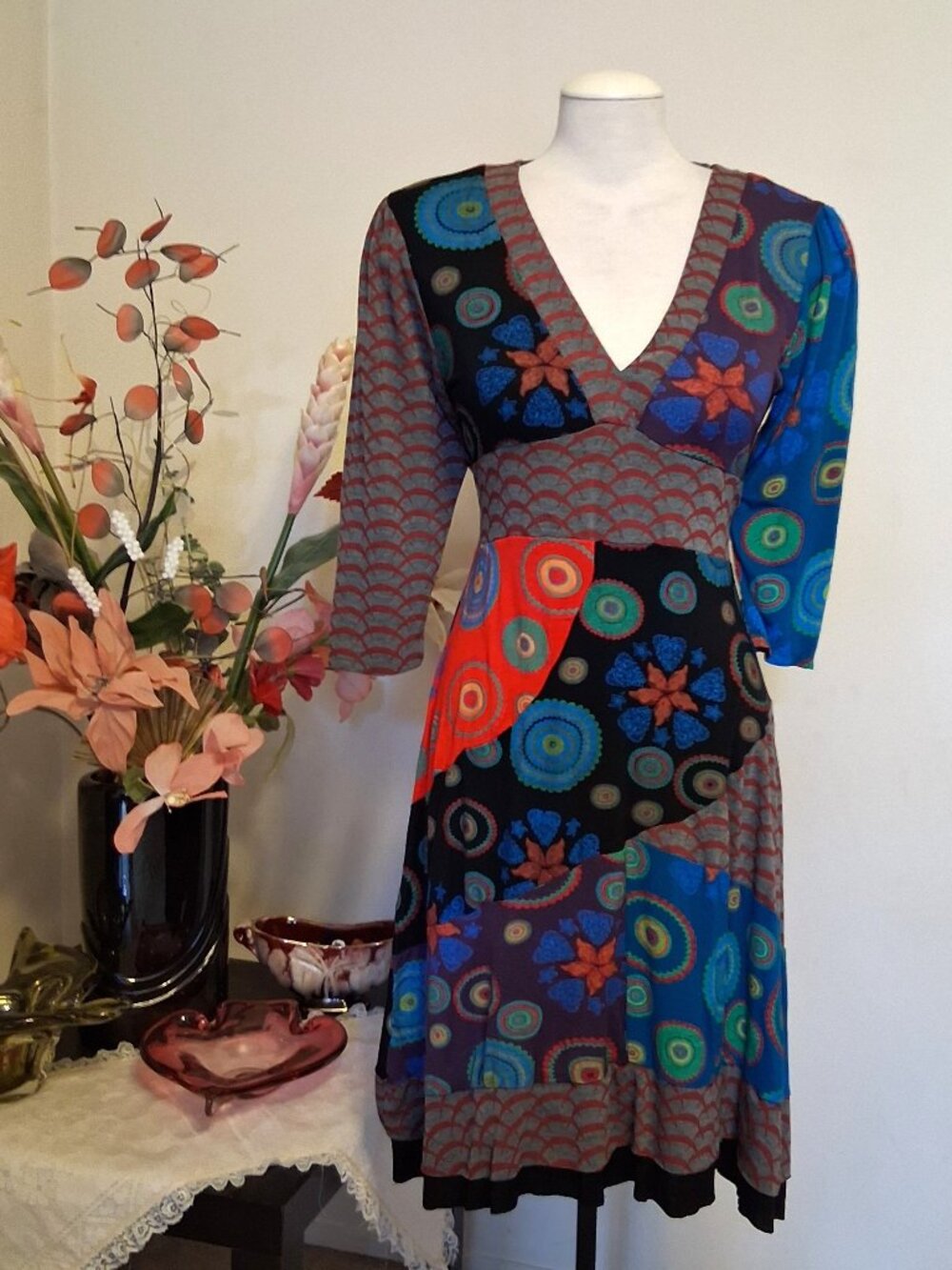 NWOT Stella Unique Artistic Patchwork Midi Dress V-Neck ¾ Sleeve Stretch 10